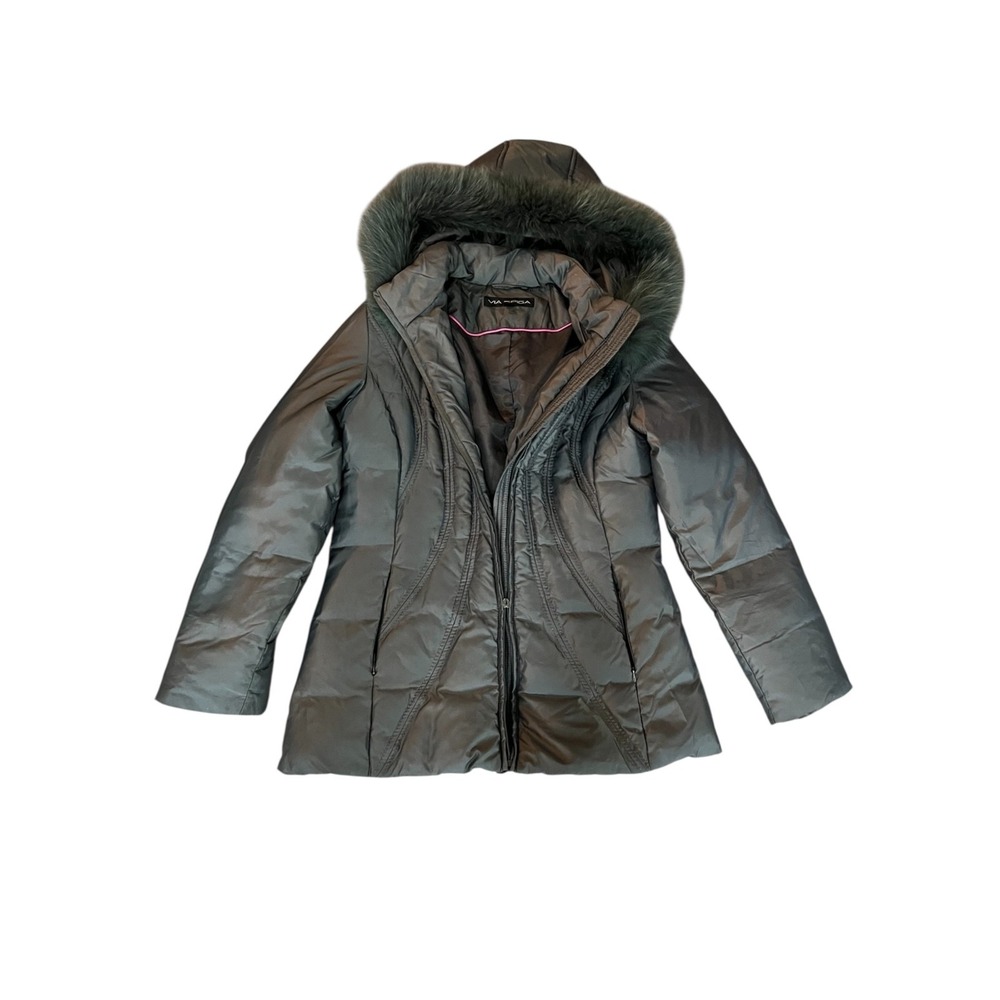 Via Spiga Gray Puffer Coat Faux Fur Hood Quilted Winter Womens Small‎